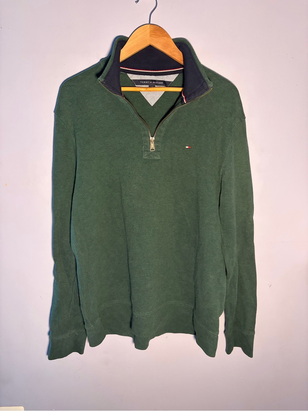 Tommy Hilfiger Dark Green Quarter-Zip Pullover with Navy Trim